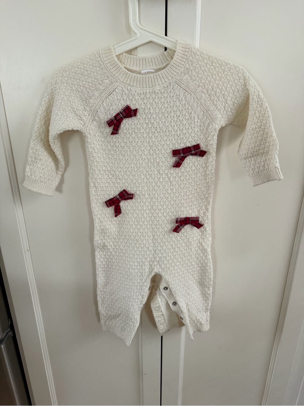 Cream Knit 6-9m Baby romper with Red Plaid Bows Christmas